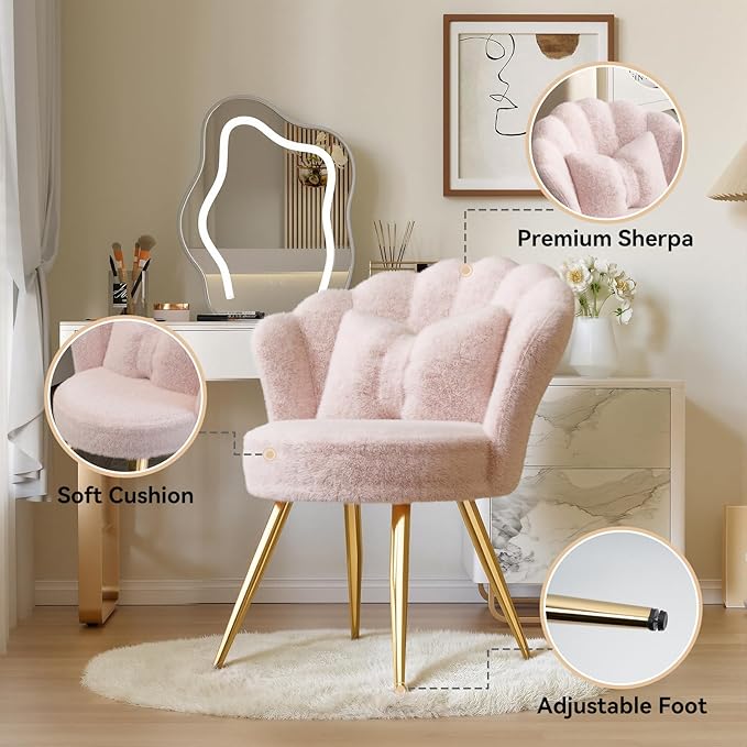 Plush Sherpa Accent Chair with Gold Metal Legs Fluffy Vanity Chair for Makeup Room Upholstered Guest Chair for Living Room for Bedroom Pink