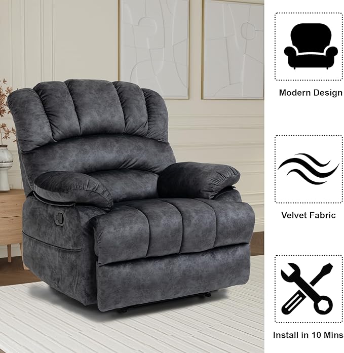 Large Lazy Recliner Chair for Adult Comfortable Manual Single Recliner Sofa Oversized Reclining Chair Upholstered Soft Fabric Living Room Recliner Sofa Chair for Living Room Bedroom (Dark Gray)