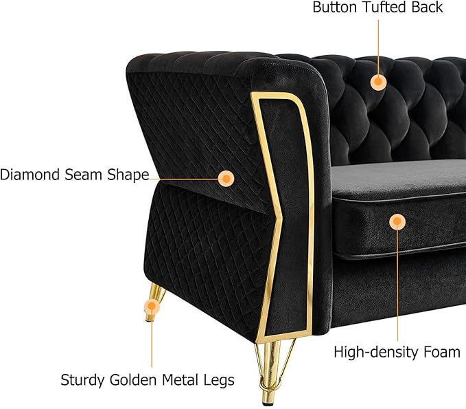 Modern Velvet Couch for Living Room 87.4 Inch Long Tufted Oversized Sofa Decor with Golden Metal Legs (Black)