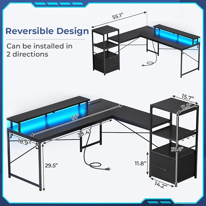 SEDETA L Shaped Gaming Desk 51 Computer Desk with Storage Shelves Gamer Desk with Power Outlets &amp LED Lights Fabric Drawer Monitor Stand and Hooks Black
