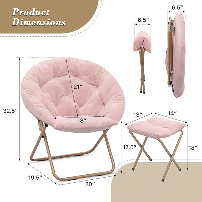 Athena Collection Round Saucer Chair with Ottoman Set for Adults Oversize Comfy Cozy Faux Fur Folding Reading Chair with Metal Leg Lazy Relaxing for Living Room Bedroom Dorm Apartment Pink