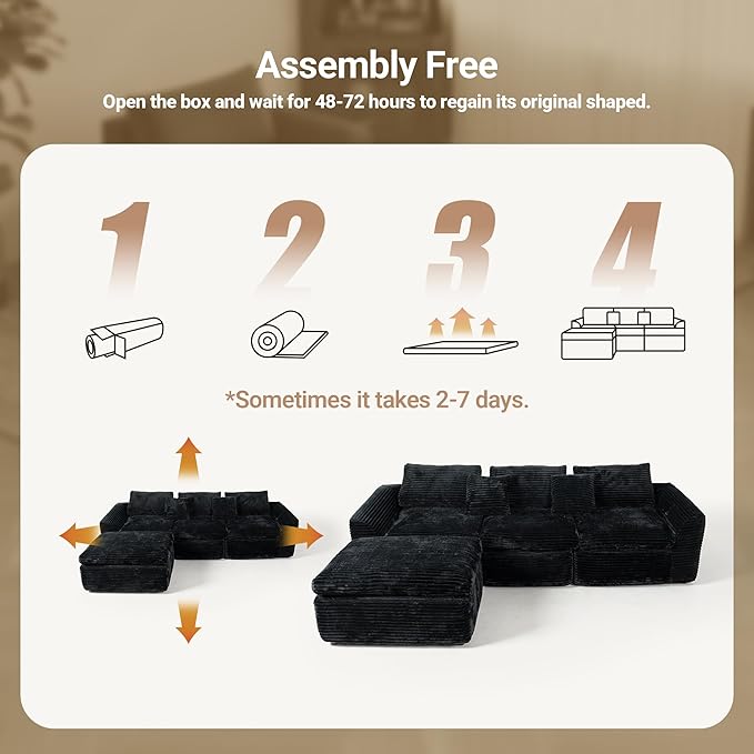 Boneless L-Shaped Modular Couch - 108 Inch Cloud Corduroy Sectional SofaDeep Seating Comfort No Assembly Ideal for Apartments &amp Living RoomsBlack