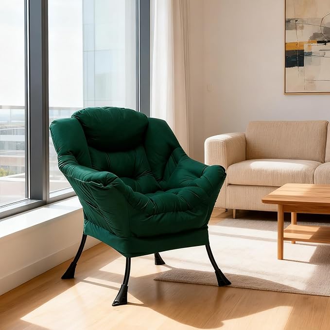 HollyHOME Modern Fabric Large Lazy Chair Accent Oversized Comfy Reading Chair Thick Padded Cozy Lounge Chair with Armrest Steel Frame Leisure Sofa Chair for Living Room Bedroom Dorm Green