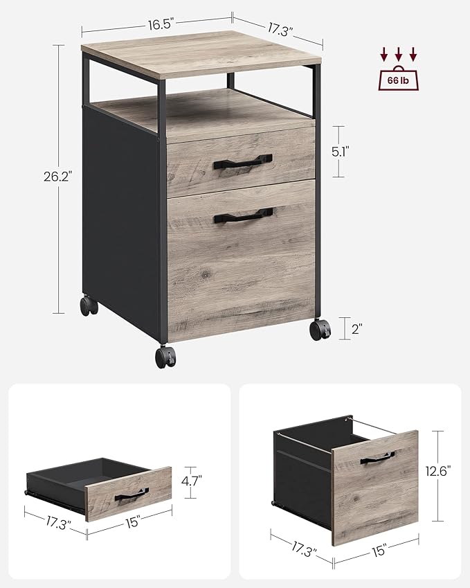 VASAGLE File Cabinet Mobile Filing Cabinet with Wheels 2 Drawers Open Shelf for A4 Letter Size Hanging File Folders Heather Greige and Ink Black UOFC071B02