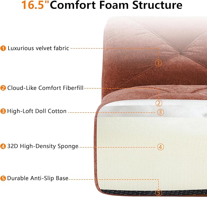 110.6 L Shaped Boneless Couch Modern 3 Seater Modular Sectional Sofa Convertible Velvet Modular Cloud Sofa with Ottoman &amp Deep Seat Free Combination Upholstered Couches for Living Room Red
