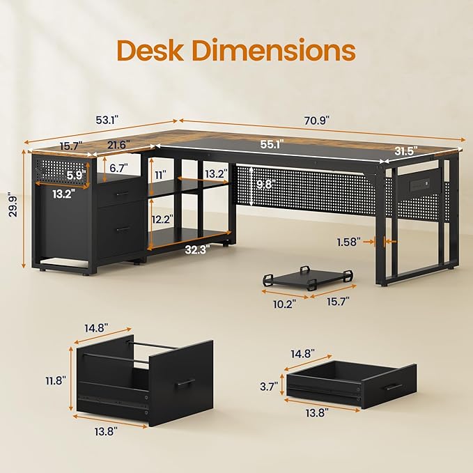 71 in Executive Desk with Power Outlets Reversible L Shaped Desk with File Drawers &amp Storage Shelves Large Office Desk Computer Desk with Pegboard Mobile CPU Stand Modern Corner Desk