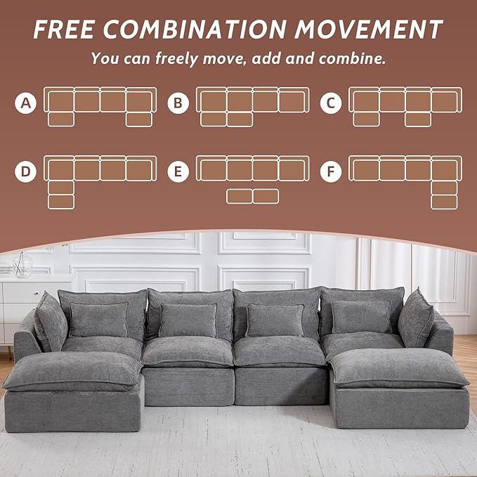 130 Oversized Cloud Sectional Sofa U Shaped Boneless 4-Seater Modular Couch with Ottoman Extra Deep Seat Compressed Foam Sofa for Living Room Gray