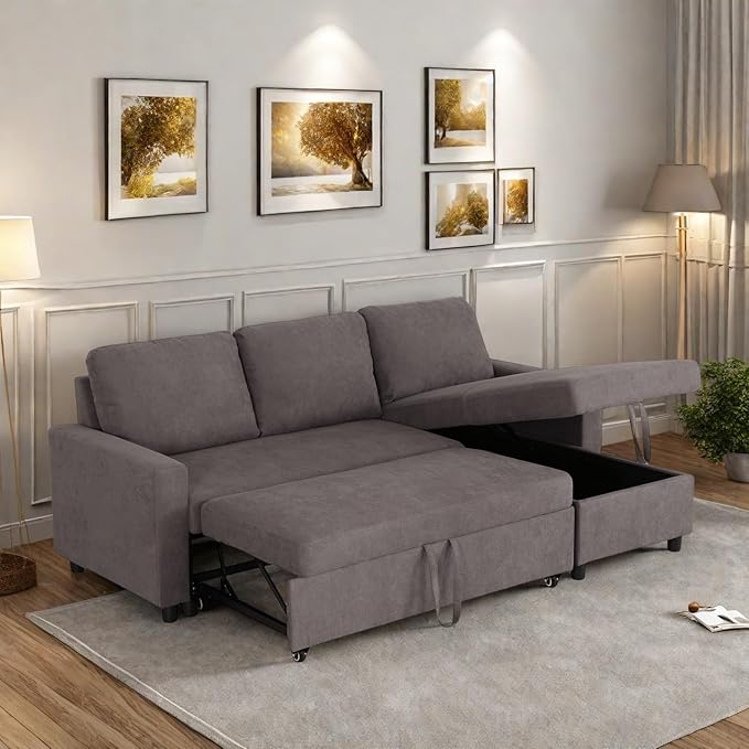 FONTOI 83 Inch L Shaped Sectional Couch with Pull Out Bed 3-Seat Sleeper Sofa with Chaise Convertible Sofa Bed for Living Room Apartment Gray