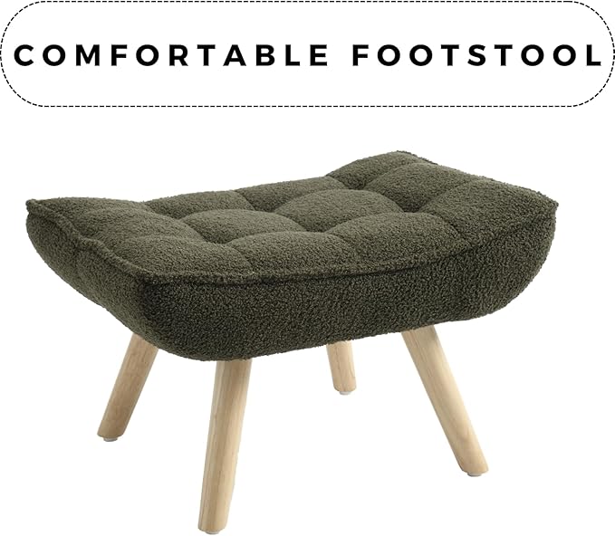 Modern Sherpa Accent Chair with Ottoman Fluffy Upholstered Lounge Chair with Footrest Comfy Living Room Side Boucle Armchair for Small Space Bedroom Apartment Green