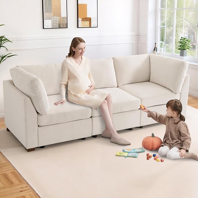 Oversized Modular Sectional Fabric Sofa Set Large L Shaped Mordern Sofa Couch Reversible Chaise Modular Sectional Couches 96 inch Width3 Seat Modular Sofas BeigeLinen