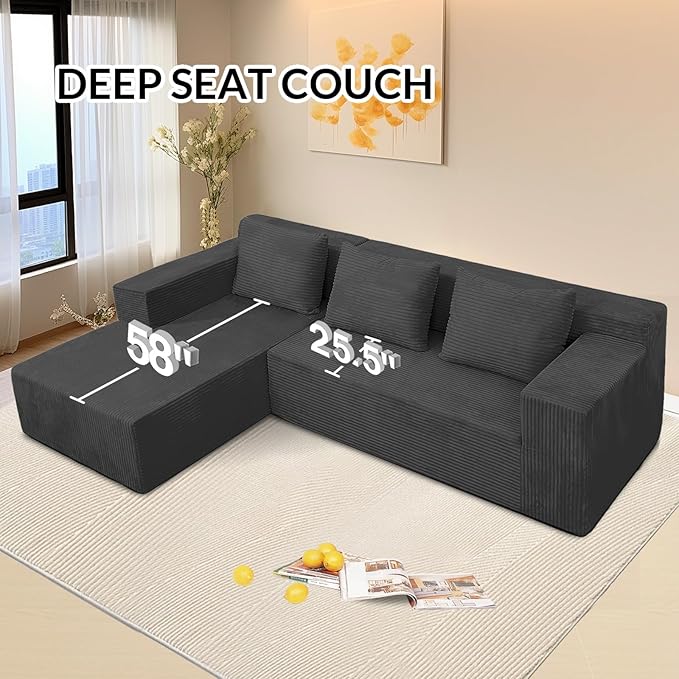 103” Modular Sectional Sofa L-Shaped Cloud Couch Boneless Comfy Corduroy Sofa with Deep Seat Modern Minimalist Upholstered Couches No Assembly Required for Living Room Bedroom Dark Grey | Friendly