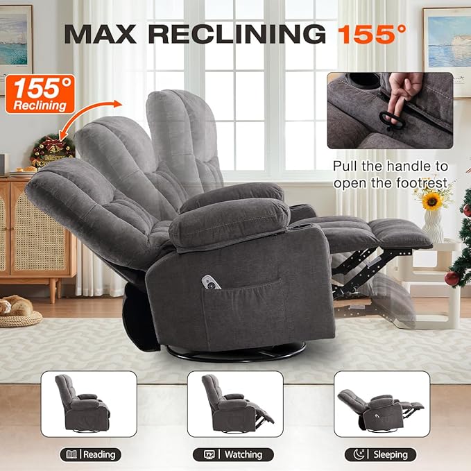 Swivel Recliner Chair for AdultsOversized Rocker Recliner with Vibration Massage and Lumbar HeatErgonomic Rocking Chair with Side Pocket2 Cup HoldersUSB Charge Port for Living Room
