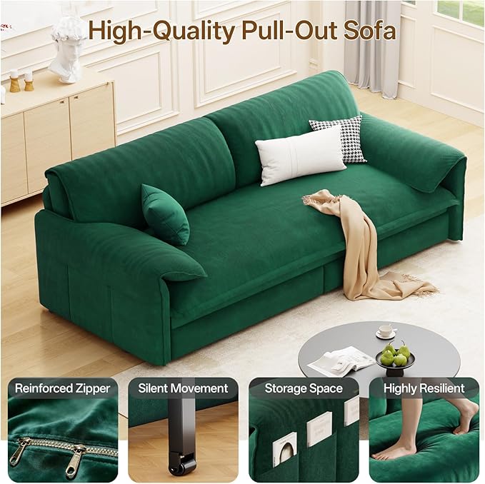 66 Queen Pull Out Couch BedVelvet 3-in-1 Queen-Size Sleeper SofaConvertible Pull-Out Sofa Bed with Side PocketsSleeper Loveseat for Living RoomApartment Offices (Green)