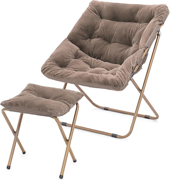 Athena Collection Comfy Saucer Chair and Ottoman Set for Adult Comfortable Faux Fur Square Oversize Folding Reading Chair with Metal Leg Lazy and Cozy for Bedroom Living Room Beige