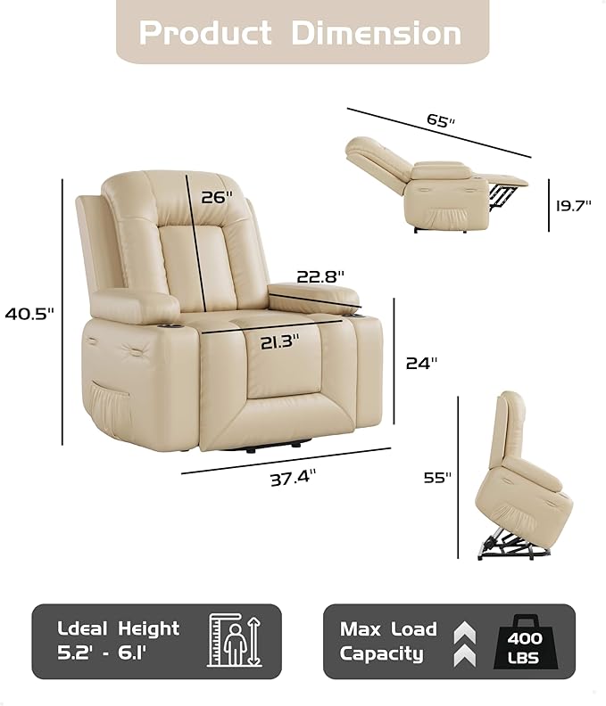 GarveeHome Power Lift Recliner Chair - Heat and Massage Faux PU Electric Lift Recliner for Elderly &amp Mobility Impaired Adjustable Back and Legs Heavy Duty Lift Chair for Seniors