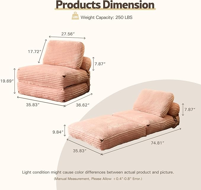 Folding Sofa Bed Convertible Sleeper Chair with Pillow Back Support Plush Corduroy No Assembly Memory Foam Chair Beds for Small Space Apartments Guest Bedroom (Pink Single)