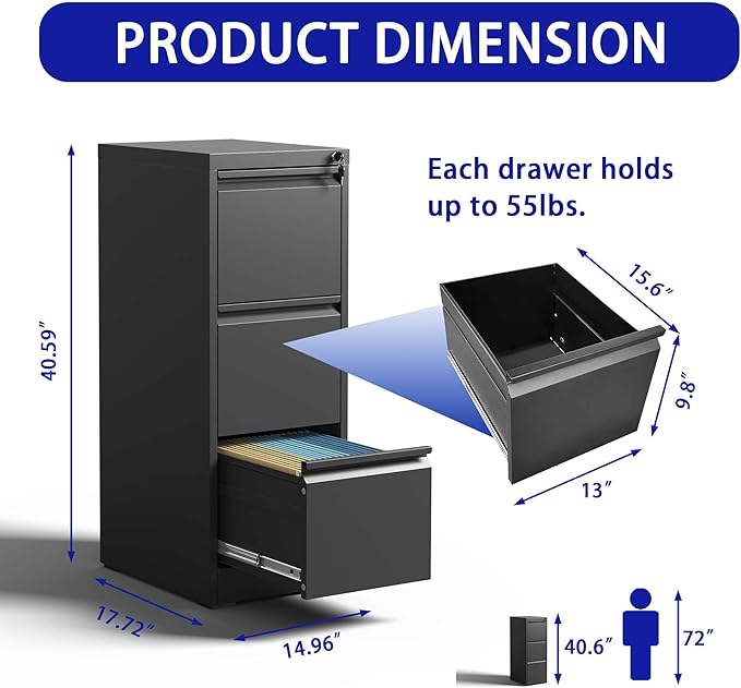 3 Drawer Metal Vertical File Cabinet with Lock Office Home Steel Vertical File Cabinet for A4 Legal/Letter Size (Black)