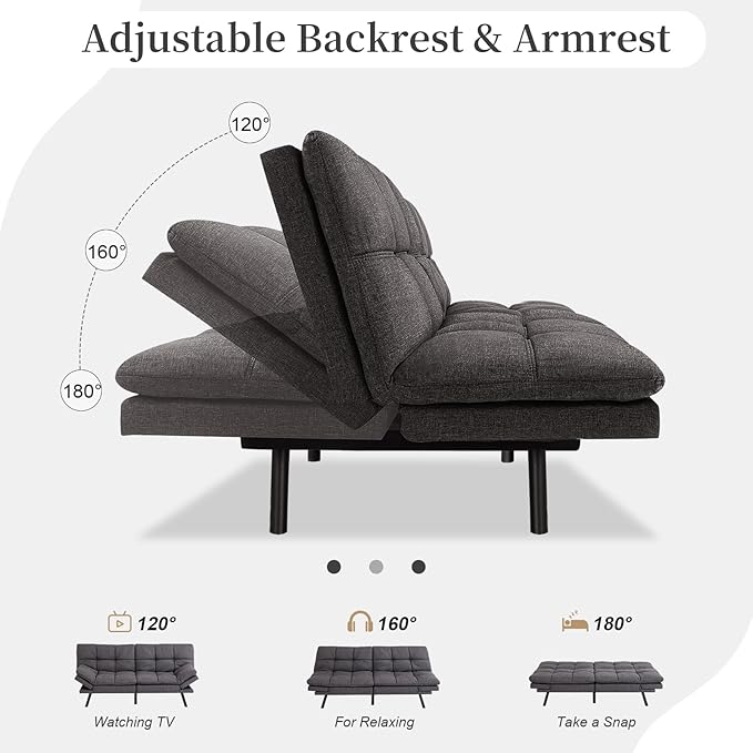 Opoiar Futon Sofa Bed Convertible Memory Foam Foldable Couch Modern Sleeper Loveseat with Adjustable Armrests&ampBackrests for Small Spaces Office Studio Apartment Dorm Game Room