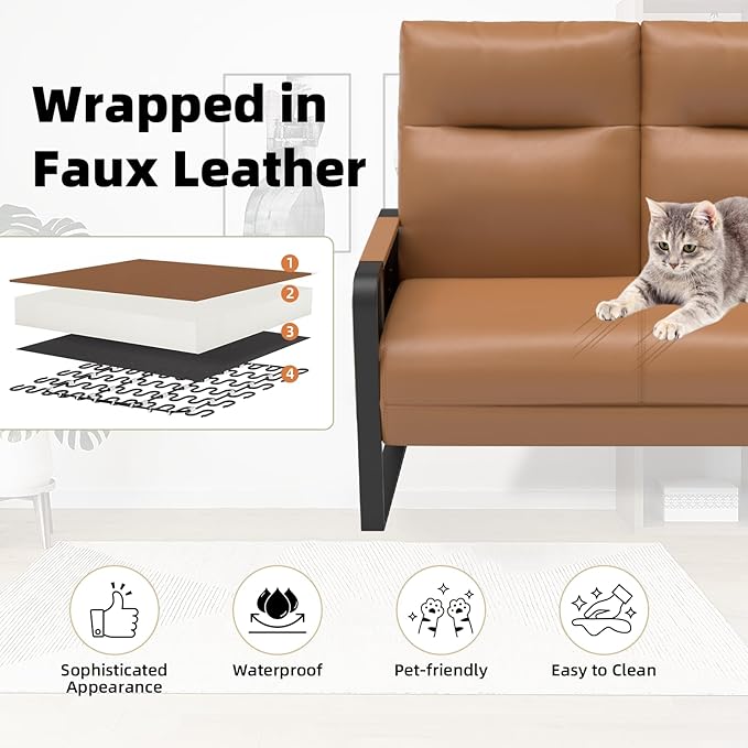 Modern Leather Loveseat Small Sofa with Side Tray &amp Pocket Upholstered Mini Couch for Living Room Office Guest Room Brown