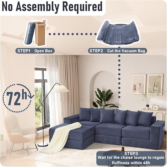 102 Upgraded L-shaped Modular Sectional Couches for Living Room Convertible Oversized Sleeper Sofa Bed-Luxury 1.5 Queen Bed. 11-in-1 Multifunctional Corduroy Boneless Folding Futon Couch Blue.