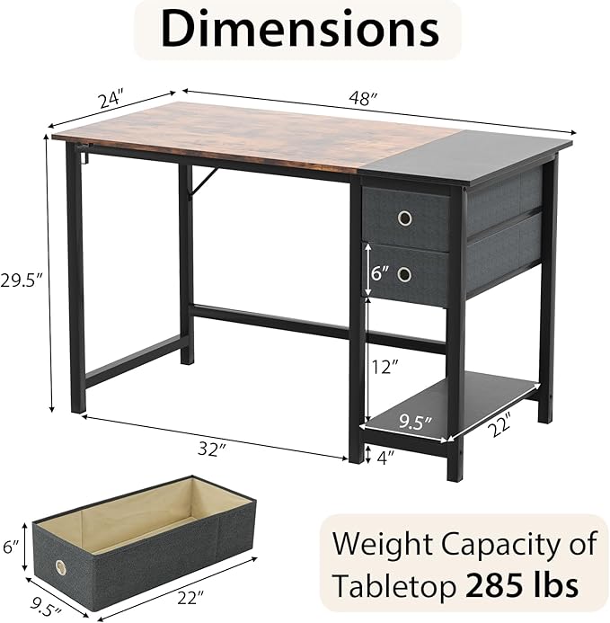 Tangkula 48-Inch Computer Desk with 2 Drawers Modern Home Office Desk with Hanging Hook &amp Storage Shelf Multipurpose Writing Desk for Study Bedroom (Rustic Brown 48)