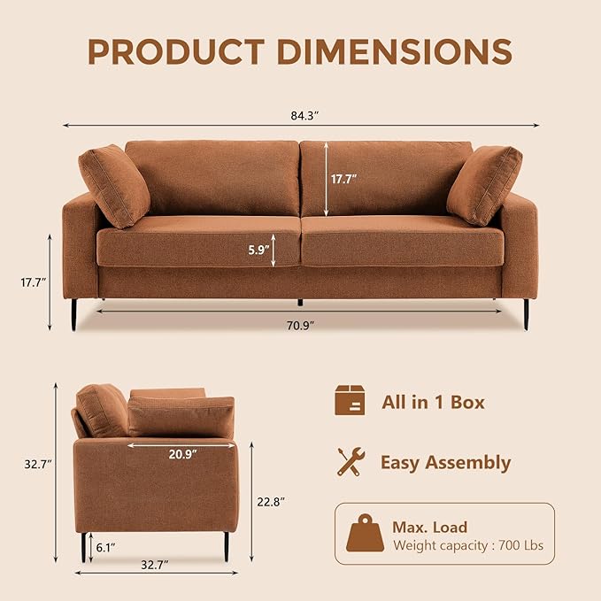 84.3 Modern Loveseat Sofa Comfy Couches with Spring Cushion Solid with Wood Frame 2 Pillows Included Mid Century Modern Design Home Sofa for Living Room Rust
