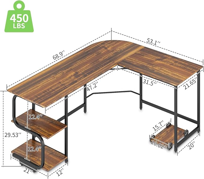 Teraves Reversible L Shaped Desk with Large Surface 69 Inch Sturdy Corner Desk with Storage Shelves Premium Office Computer Desk Workstation for Home Office Gaming