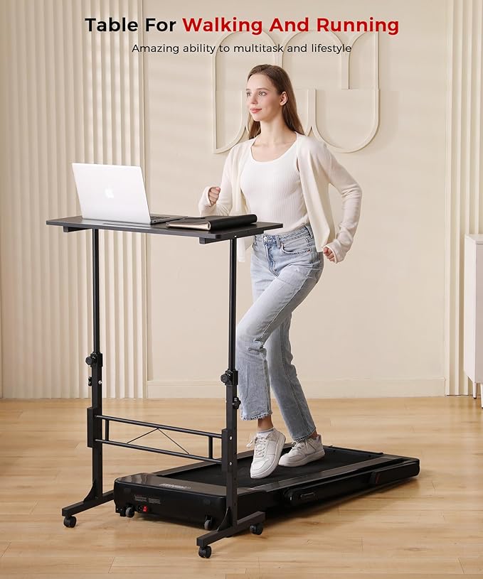 Standing Desk Adjustable Height Mobile Stand Up Desks with Wheels Small Computer Desk Rolling Desk Portable Laptop Desk Black Standing Table Sit Stand Home Office Desks 16x31.5 Height 27-43.5