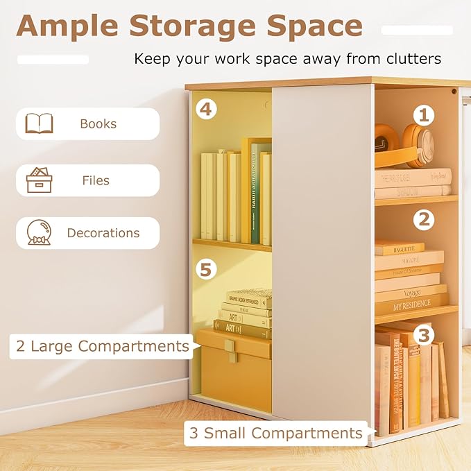 Tangkula Computer Desk with Storage Shelves Home Office Desk with 5 Side Shelves &amp Metal Frame Space Saving Laptop PC Desk Writing Study Desk Modern Vanity Desk for Bedroom (Natural)