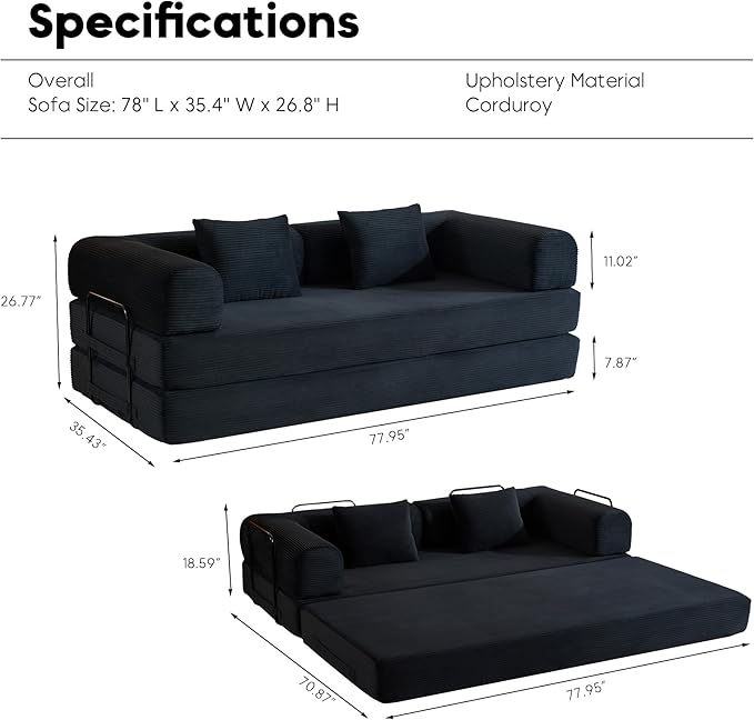 Convertible Sleeper Sofa Bed with Fixed-Shape Frame Corduroy Folding Boneless Couch with Cylindrical Pillow Comfy Floor Sofa Couch for Living Room No Assembly Required Black