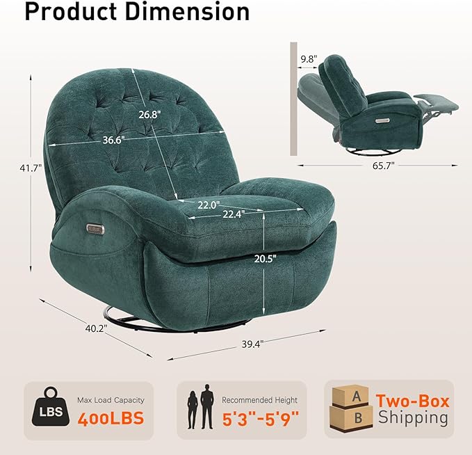 EONIX Stylish Power Swivel Rocker Recliner Chair for Living Room Rocking All Positions Dual Motor Independently Controlled Backrest and Headrest SXXY005021 Green