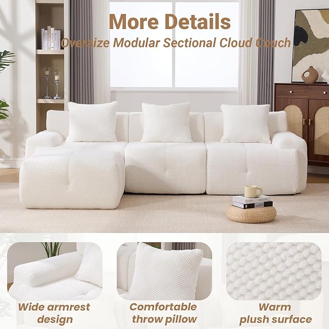 104.3 Modular Sectional SofaModern L-Shaped Couch with Movable Ottoman &amp Deep SeatFuzzy FabricNo AssemblyBoneless Couch for Living Room