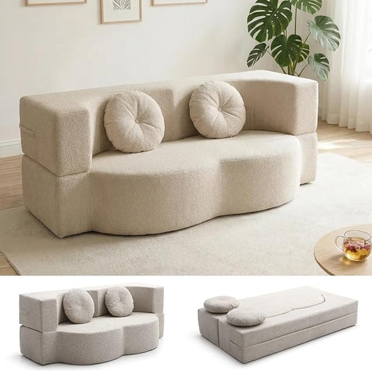 76 Convertible Folding Sofa Bed 2-in-1 Twin Size Loveseat Sleeper Couch Bed with Two Pillows Foldable Space-Saving | Design for Dorms Apartments Bedroom&amp Living RoomNo Assemble(Khaki)
