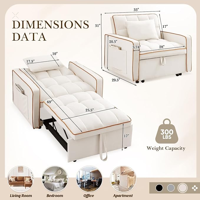 3 in 1 Convertible Sleeper Sofa Chair BedVelvet Tufted Upholstered Pull Out Sleeper Chair with Adjustable Backrest &amp Side PocketsModern Lounger Bed Recliner for Living Room/Office/Small Space(Be