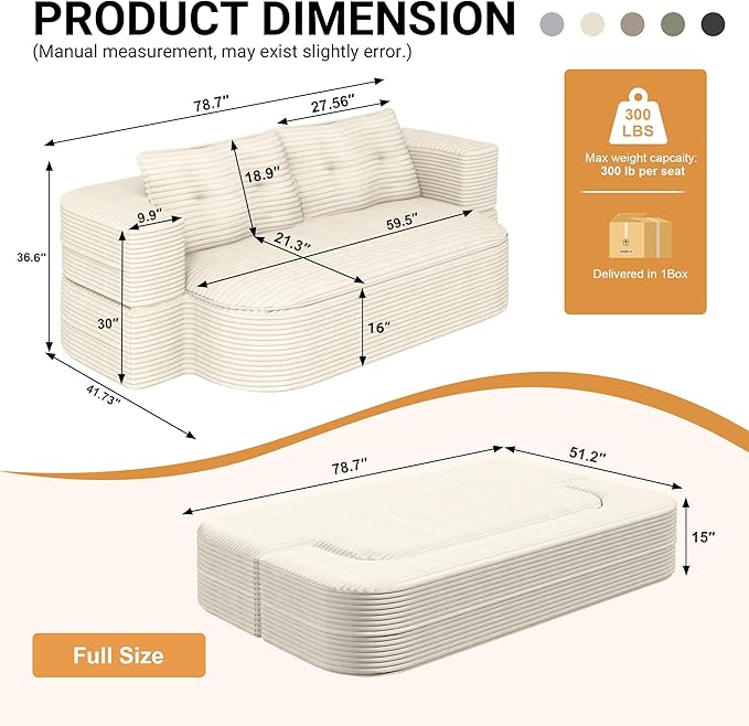 78.7'' Convertible Sleeper Sofa Corduroy Floor Foam Compression Loveseat Sofa Bed Couch Modern Folding Futon Couch Foldable Full Size Guest Bed with 2 Pillows and Blanket for Living Room (Beige)