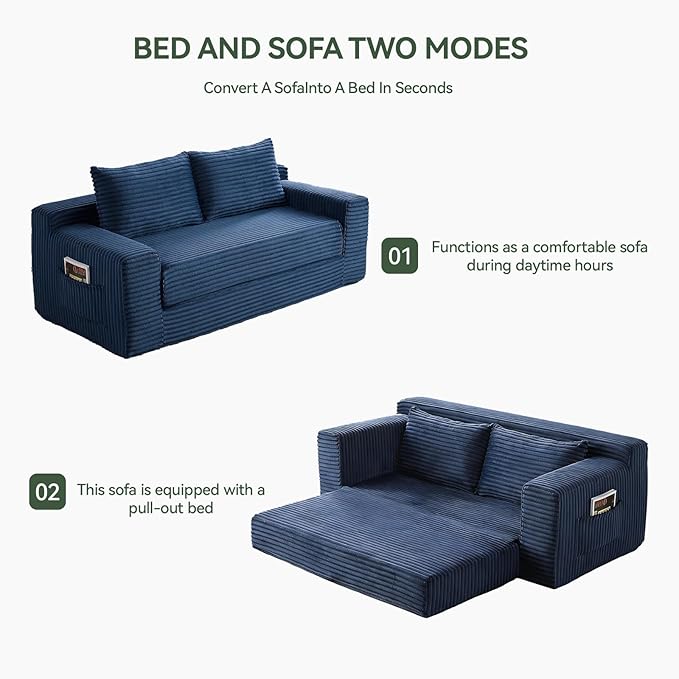 73 Convertible Sofa Bed Pull Out Boneless Loveseat Sleeper Sofa Corduroy Foldable Couch Bed with Storage Bag No Assembly Couch in a Box for Living Room Apartment (Blue)