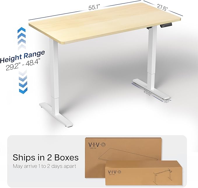 VIVO Electric 55 x 28 in Standing Desk Memory Height Adjustment 1B Series Holds 220 lbs One-Piece Light Wood Top White Frame DESK-KIT-1W55C