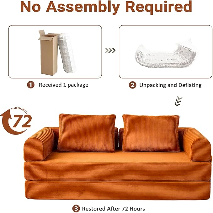 79 Convertible Sofa Bed 5-in-1Boneless Couch for Living Room with 2 Pillows Corduroy Folding Sleeper Sofa Bed Boneless Cloud Loveseat Futon Sofa Bed for Living Room Bedroom Lounge Orange