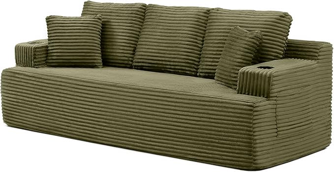 3-Seater Sofa Cloud Boneless Couch Corduroy Upholstered Deep Seat Beanbag Sofa Chair with Cup Holder &ampSide Pocket Modern Comfy Compression Memory Foam Couch for Living Room Bedroom(86.2 W Gre