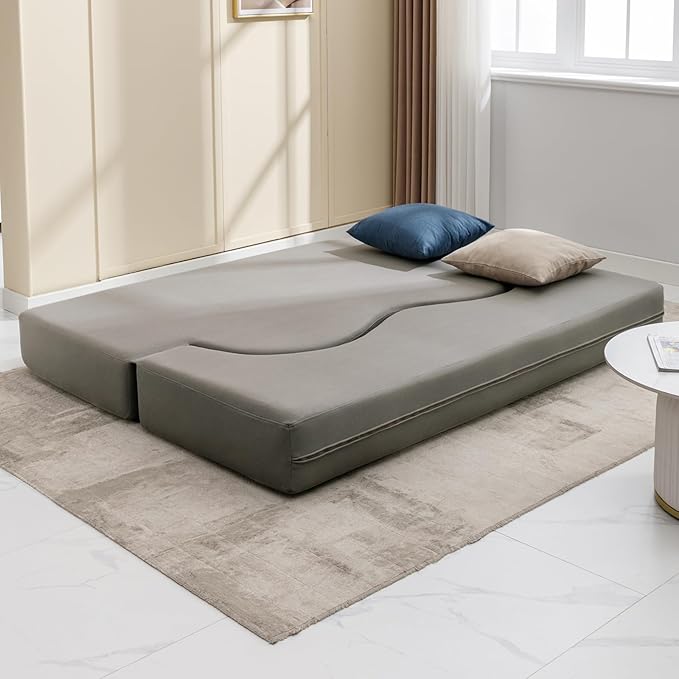 Mjkone 78 Width Queen Size Floor Sofa Bed Fold Out Couch with Memory Foam Matress Stylishly Upholstered Convertible Futon Sleeper Bed with Washable Cover for Living Room Guest Room Light Gray