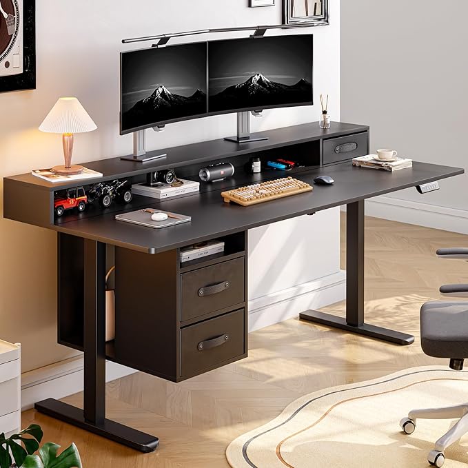 ONBRILL Standing Desk with Drawers 55x24 Inch Electric Stand Up Desk with 3 Drawers and Open Storage Shelf Adjustable Height 28-46 Inches for Home and Computer Workstation Black
