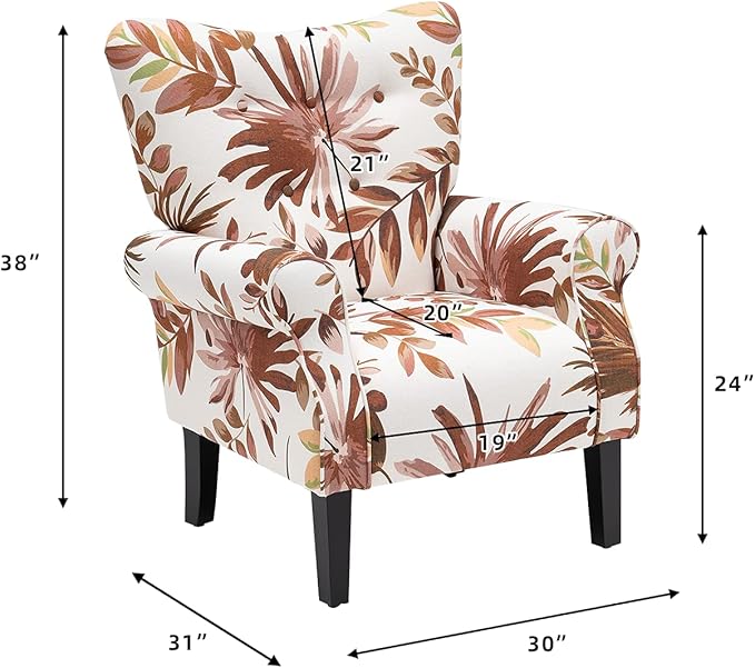 YOLENY Mid Century Wingback Arm ChairModern Upholstered Fabric High Back Accent Chair with Wood LegsUpholstered Single Sofa Club Chair for Living Room Bedroom Home OfficeRed Leaves
