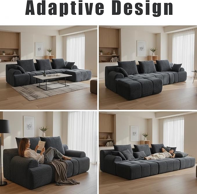 Corduroy L-Shaped Compressed Boneless Sectional Sofa with Ottoman - Retro Soft Upholstered Modular Couch for Living Room &amp Small Apartment Cloud-Like Contouring Seating(Dark Gray)