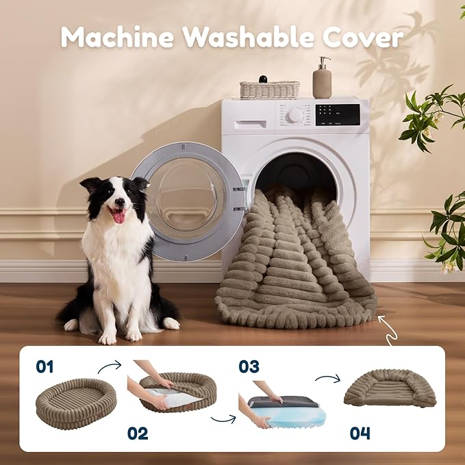 Dog Bed Large Sized Dog - Luxury Striped Faux Fur Waterproof Dog Couch with Removable Washable Cover Orthopedic Dog Bed with Bolster Sides for Sleeping Taupe