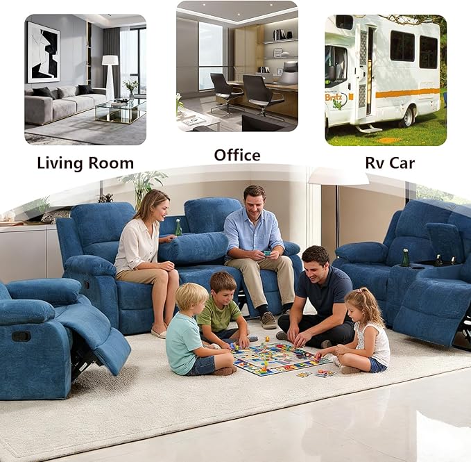 3 Seater Recliner Sofa Couch Modern Manual Reclining Sofa Fabric Reclining Sofa Living Room Couch with Dual Cup Holders and Drop Down Table for Living Room/Office/Rv Car (Blue 3 Seater Sofa)