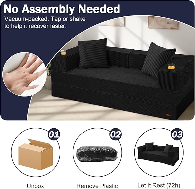 COMAX Boneless Couch Futon Sofa Bed Couches Versatile Queen for Living Room 79 4 in 1 Convertible Sleeper Corduroy Couch Foam in a Box Foldable Fold Out Floor Mattress No Assembly Required Black