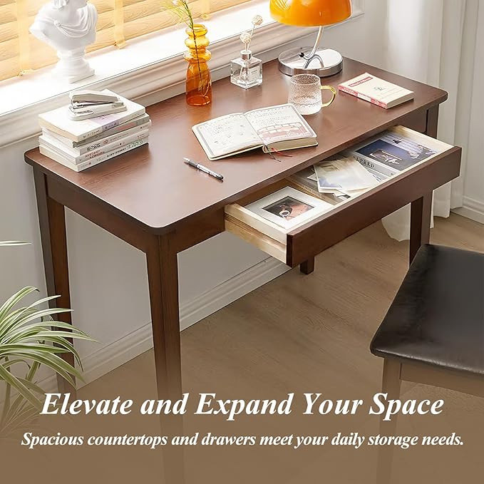 Solid Wood Computer Desk with Drawers Modern Writing Desk for Home Office Mid Century Modern Desk Oak Study Table 35.4x19.9x29.5 inches (Single Drawer) Walnut