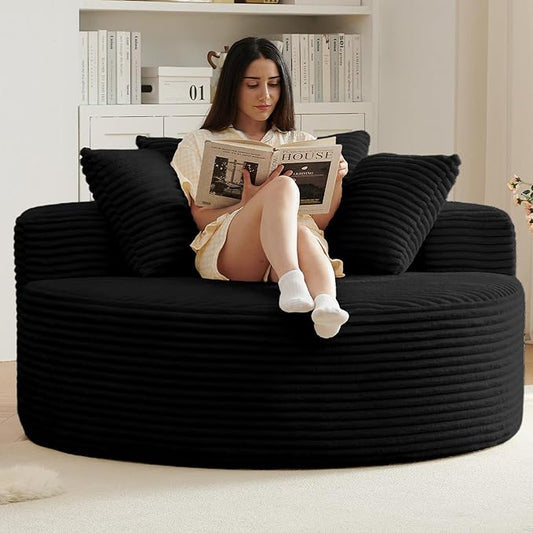 55''L Oversized Round Chaise Longue Chair Indoor Corduroy Sponge Single Sofa Oversized Round Chairs Modern Sleeper Chair for Living RoomProjection Room Wide Armrest Chairs Black