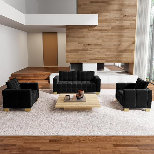 81.89 Sofa Comfy 3 Seat Sofa Tufted Chenille Upholstered Sofa Couch for Living Room with Gold Metal Legs and 2 Throw Pillows (Black+1.5S+1.5S)