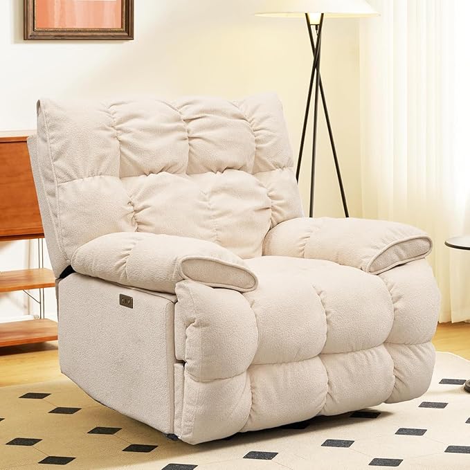 SITJOY Oversized Power Swivel Rocker Recliner Chair Overstuffed Extra Wide Rocking Chair for Big and Tall Glider Recliner Nursery Chair USB Charging Soft Breathable Fabric in Beige Power